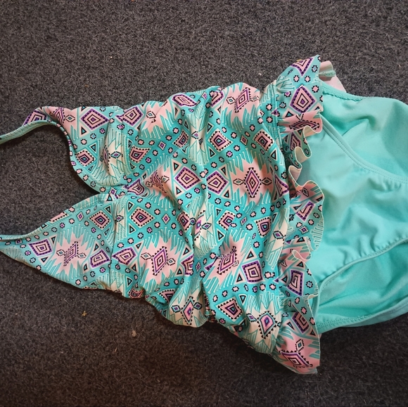 Teal, Blue, and Pink Kid's Swimsuit | Wondernation | Size L - Picture 1 of 3
